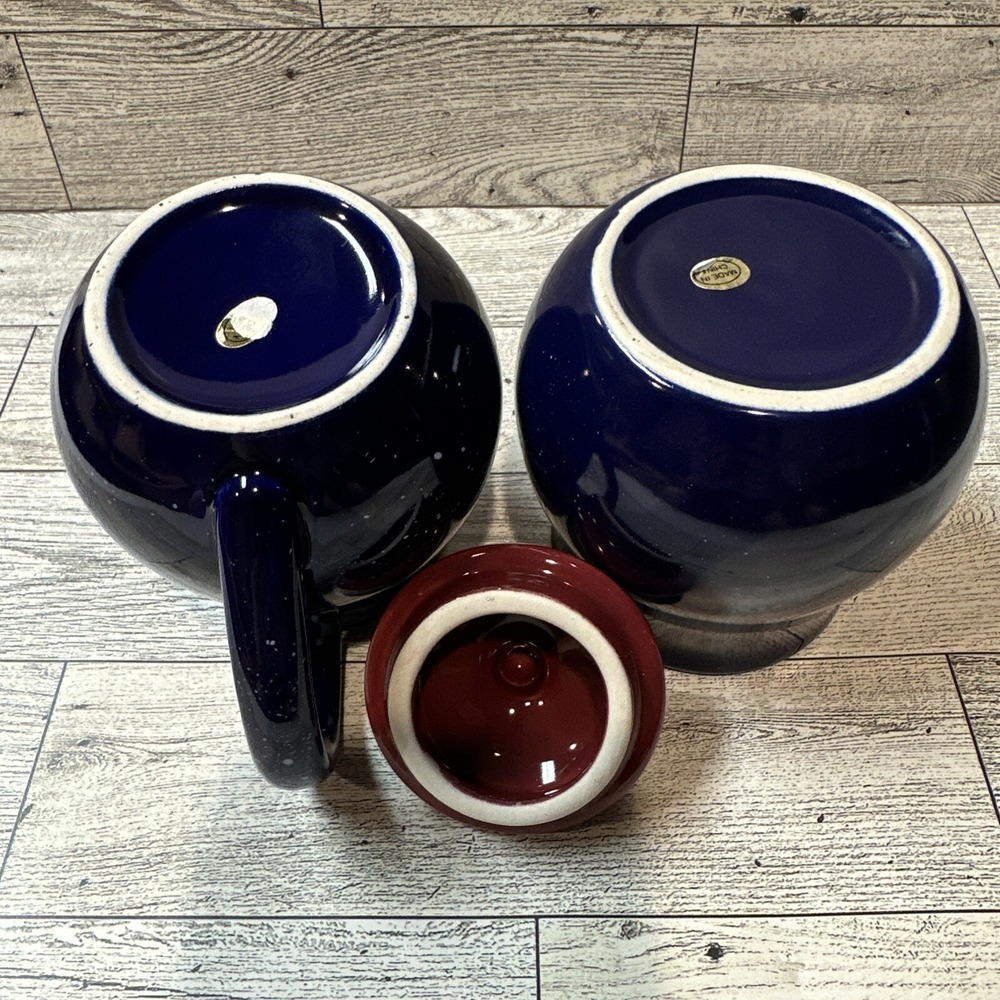 Ceramic Cobalt Blue Cream & Sugar‎ Set w/ Maroon Lid & White Speckles - Picture 6 of 6